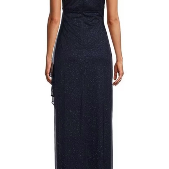 Alex Evenings Glitter Mesh Cold Shoulder Cap Sleeve Side Slit Ruched Gown - Picture 2 of 11